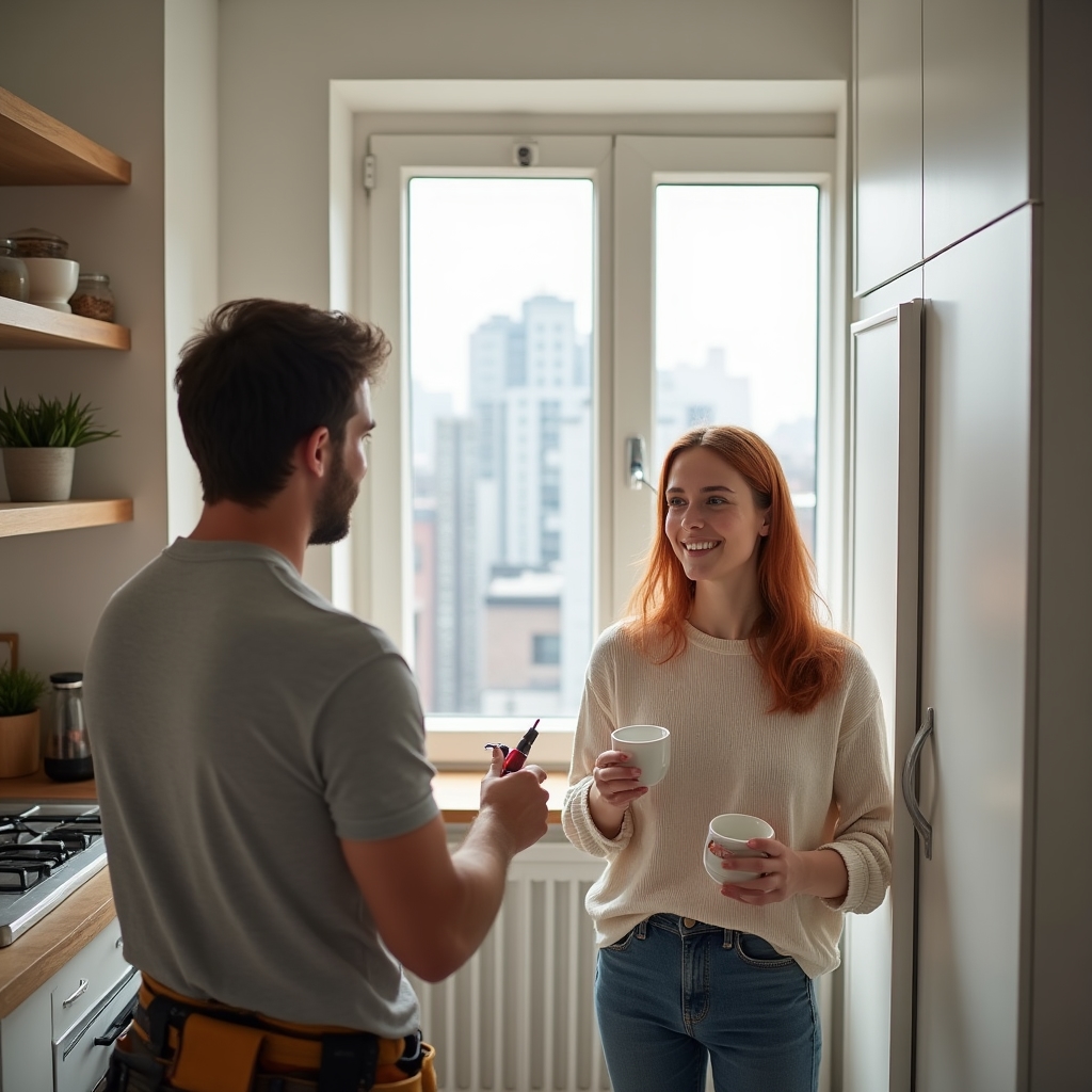 Young renter in a modern apartment watching a handyman fix a cabinet door