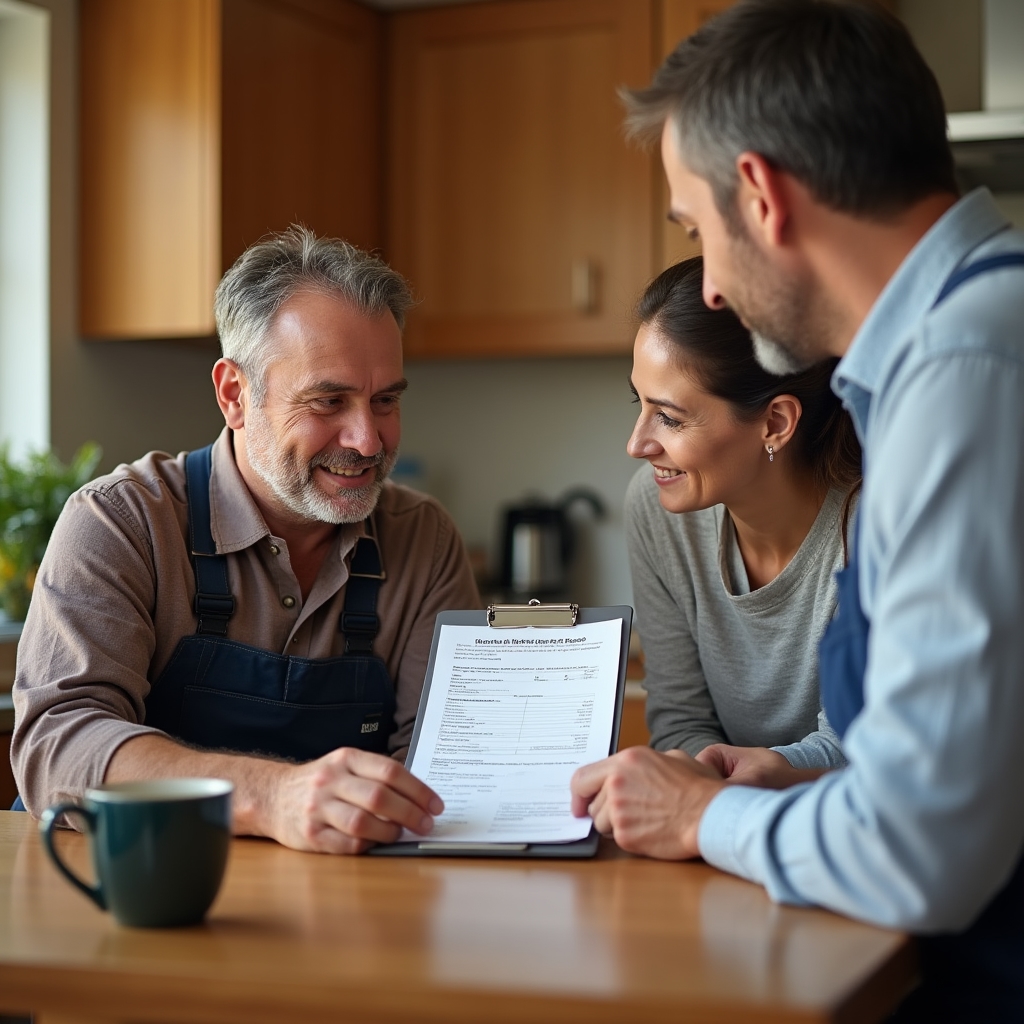 Handyman reviewing repair estimate with homeowner at a kitchen table